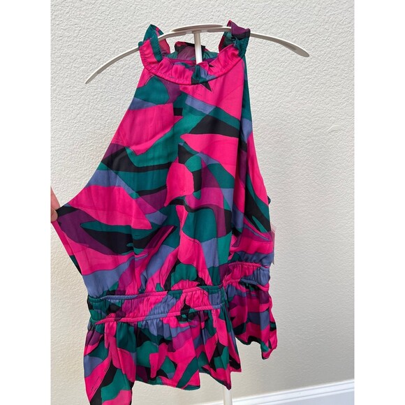 Nine West Size Large NWT Pink Green Flowy Halter Neck Tank Top Blouse Shirt - Picture 2 of 6